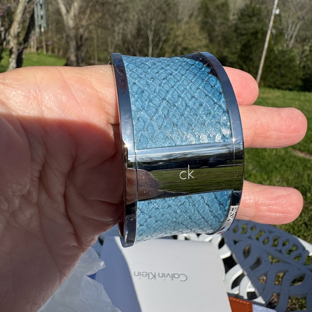 Calvin Klein Blue and Black Snake-Texture Cuff Bracelet with silver Trim